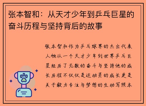 张本智和：从天才少年到乒乓巨星的奋斗历程与坚持背后的故事