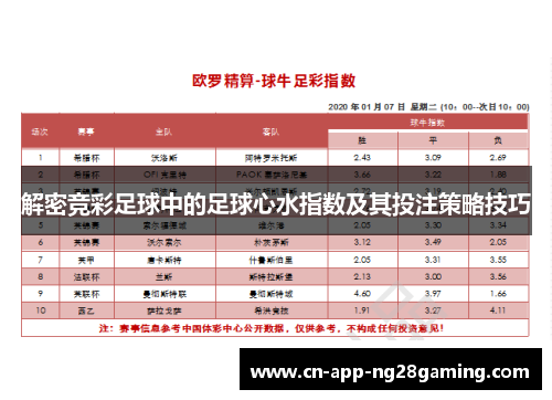 解密竞彩足球中的足球心水指数及其投注策略技巧