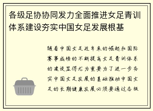 各级足协协同发力全面推进女足青训体系建设夯实中国女足发展根基